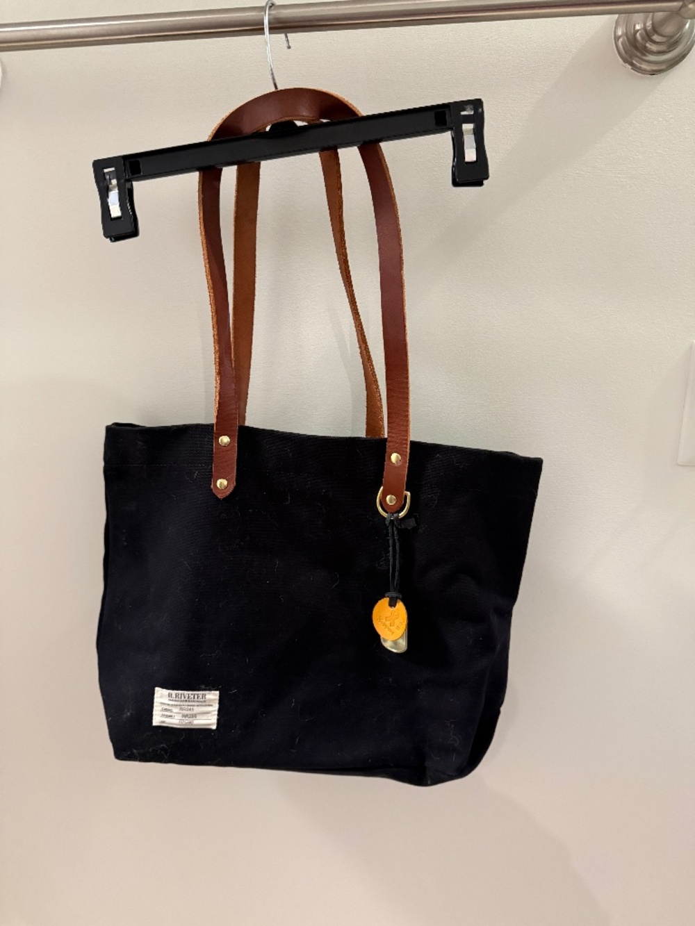 R. Riveter Black Canvas Tote Bag with Leather Straps